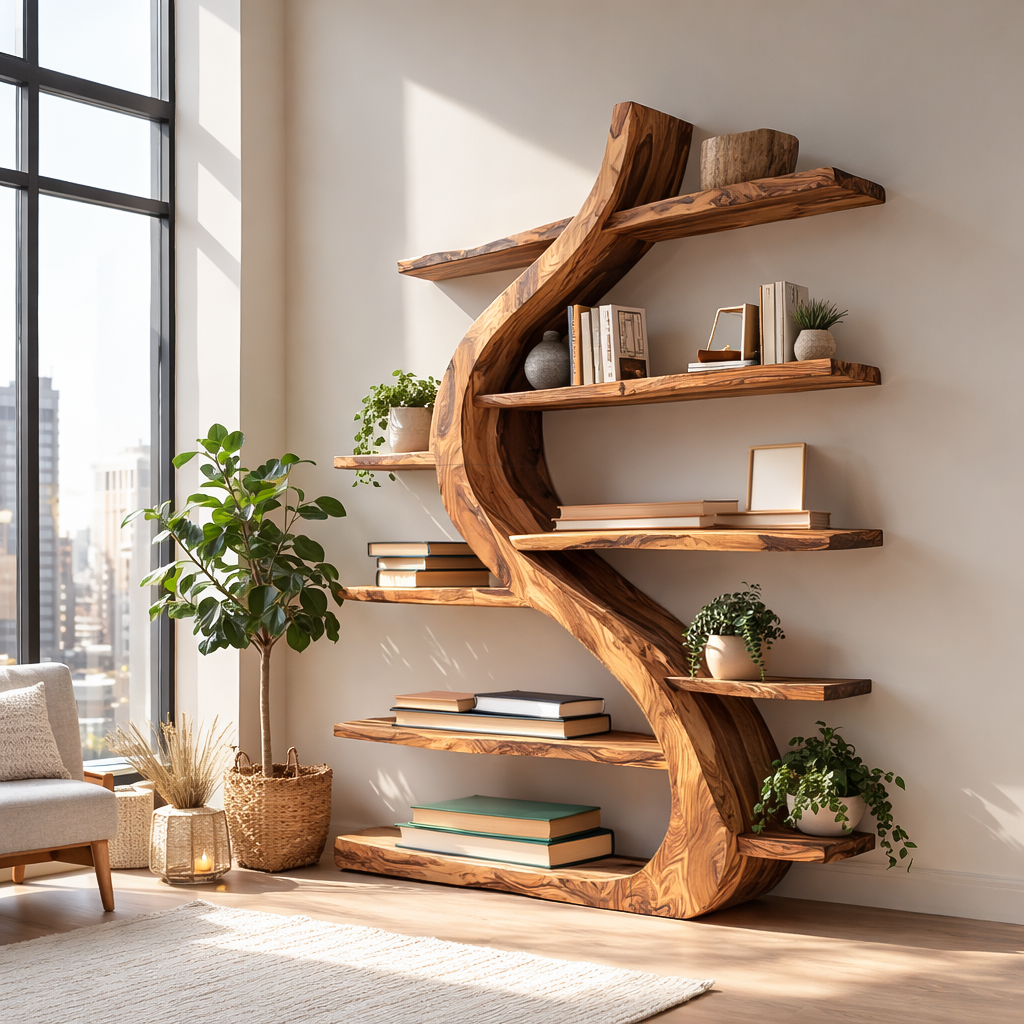 Organic Wooden Bookshelf Soft Curved Design For Home Decor