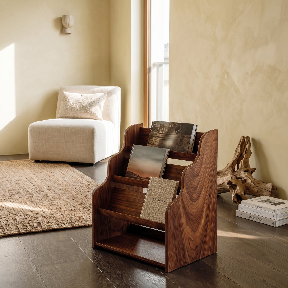Organic Wooden Scalloped Magazine Rack For Living Room