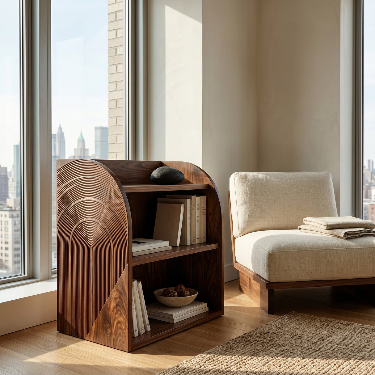 Contemporary Wood Magazine Rack With Carved Edges For Reading Corner