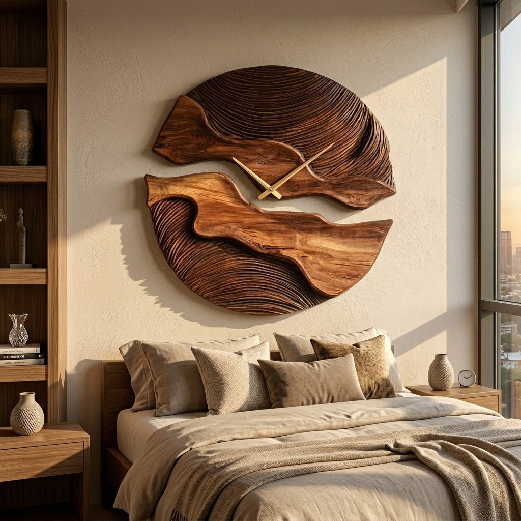 Organic Wooden Wall Clock With Unique Form For Living Room