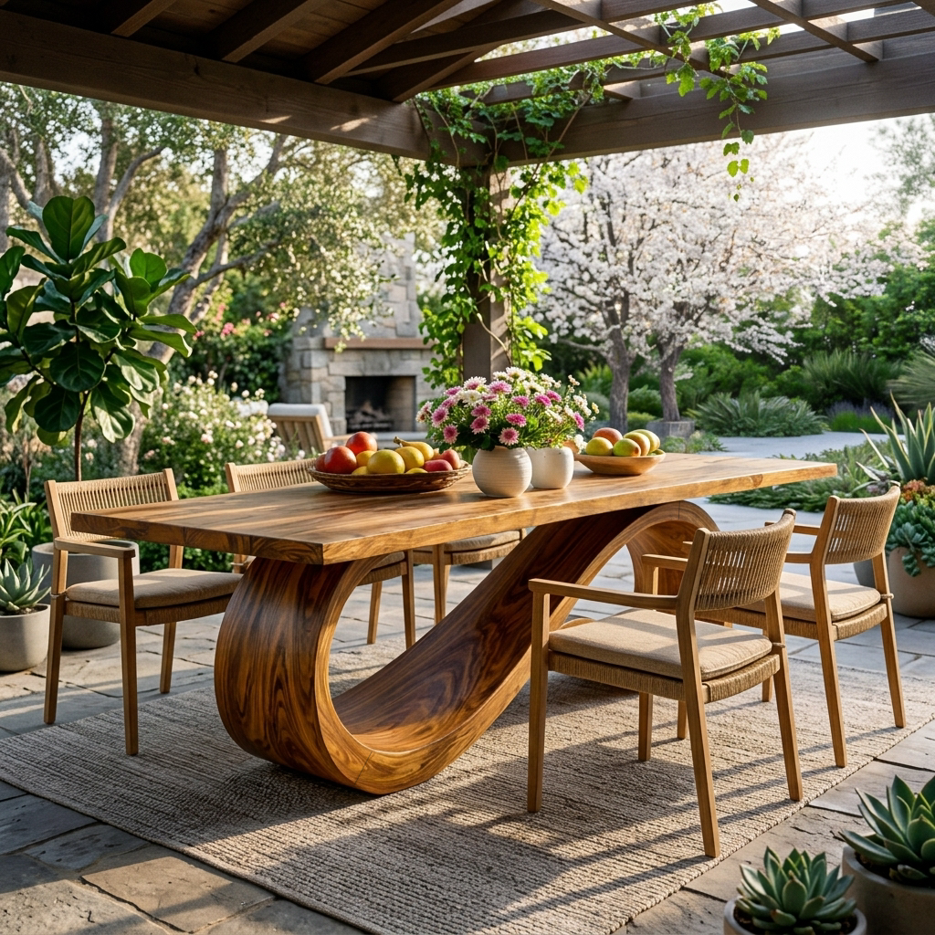 Wooden Dining Table With Flowing Base For Kitchen