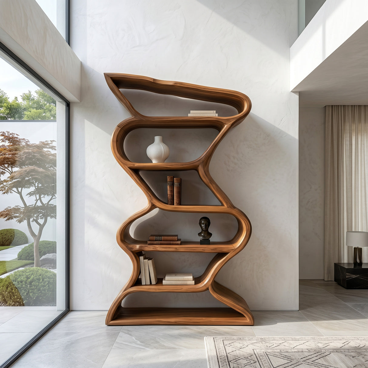 Modern Sculptural Bookshelf With Seamless Tiers For Living Room