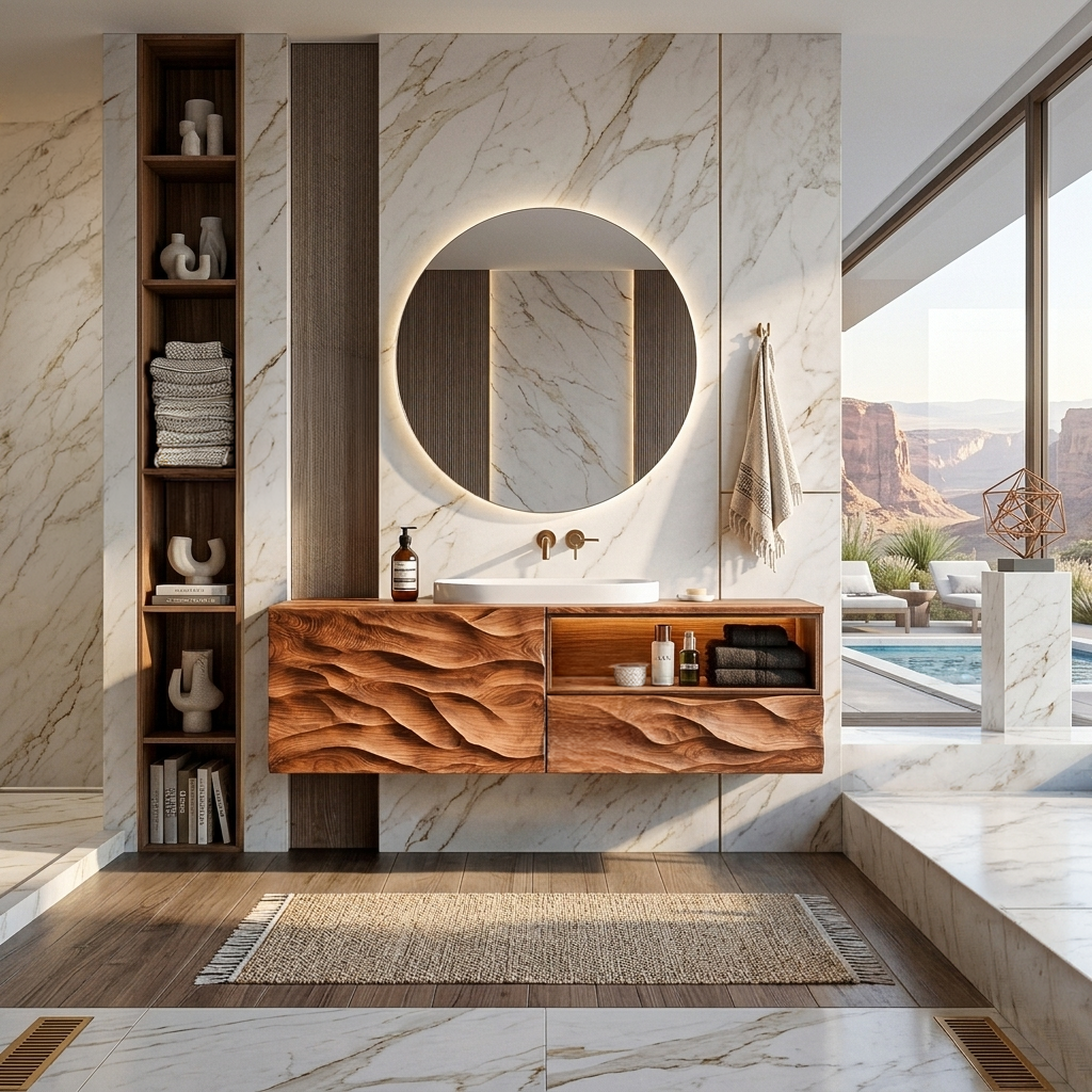 Modern Floating Bathroom Vanity With Wave Carved Cabinet For Bathroom