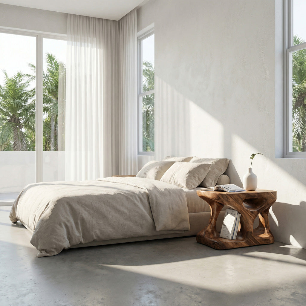 Scandinavian Solid Wood End Table With Minimal Curves And Open Shelf For Living Room