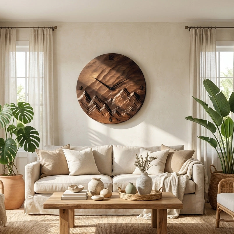 Rustic Wood Landscape Wall Clock For Living Room
