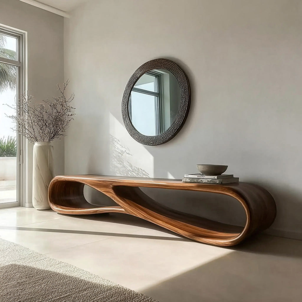 Modern Wood Bench With Sculptural Form For Entryway