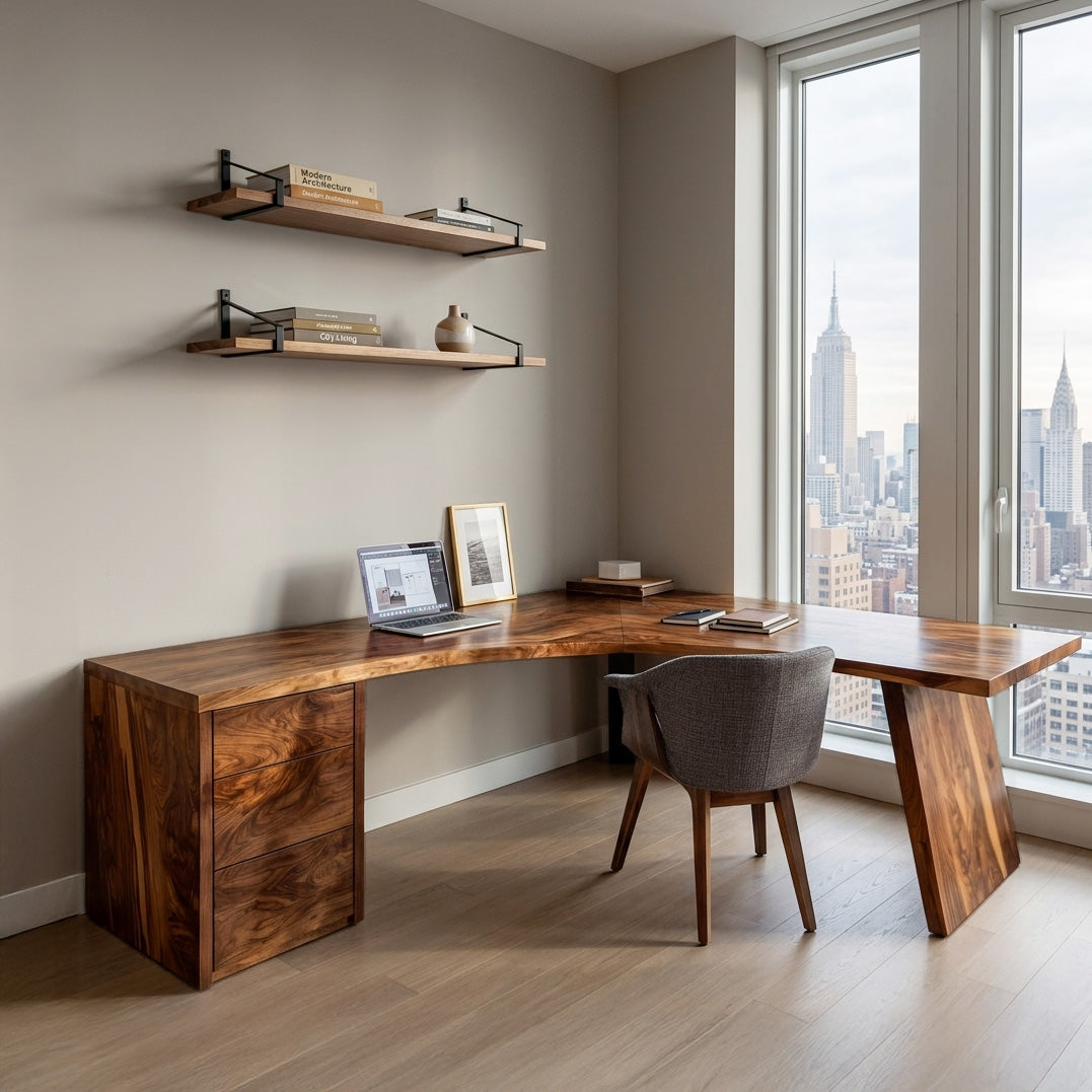 Rustic Wooden L-Shaped Desk For Bright Study Room