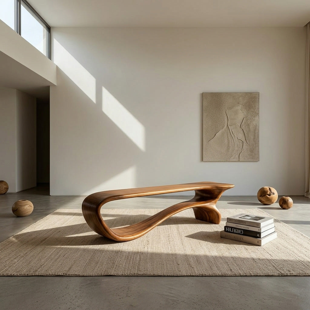 Minimalist Curved Natural Wood Bench For Living Room Decor