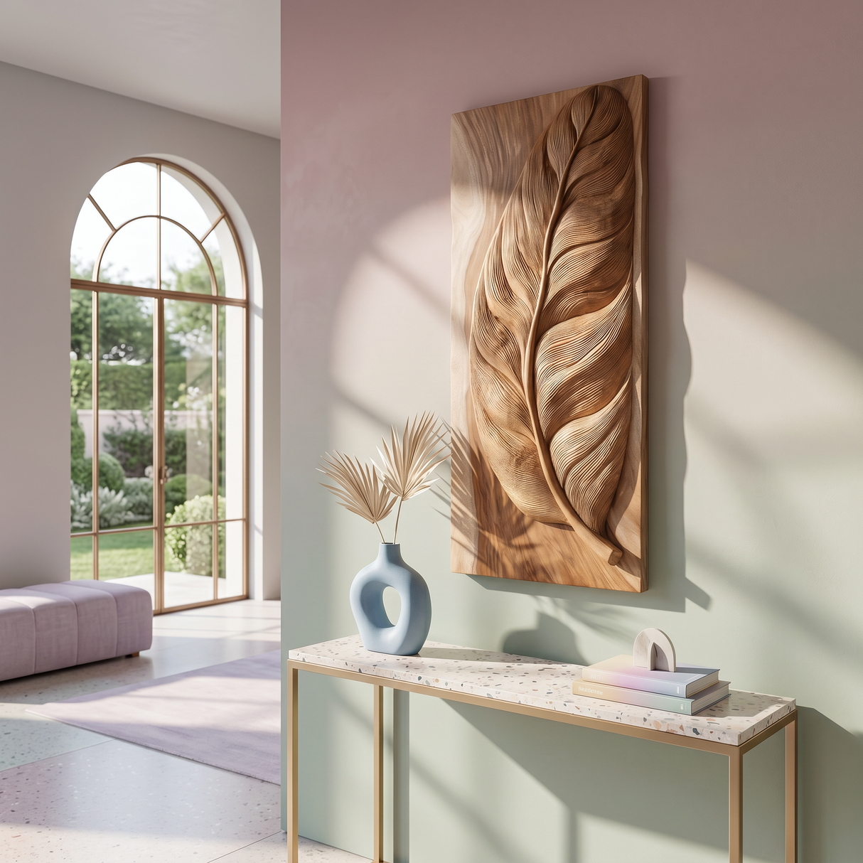 Rustic Wall Art With Carved Leaf Design For Entryway
