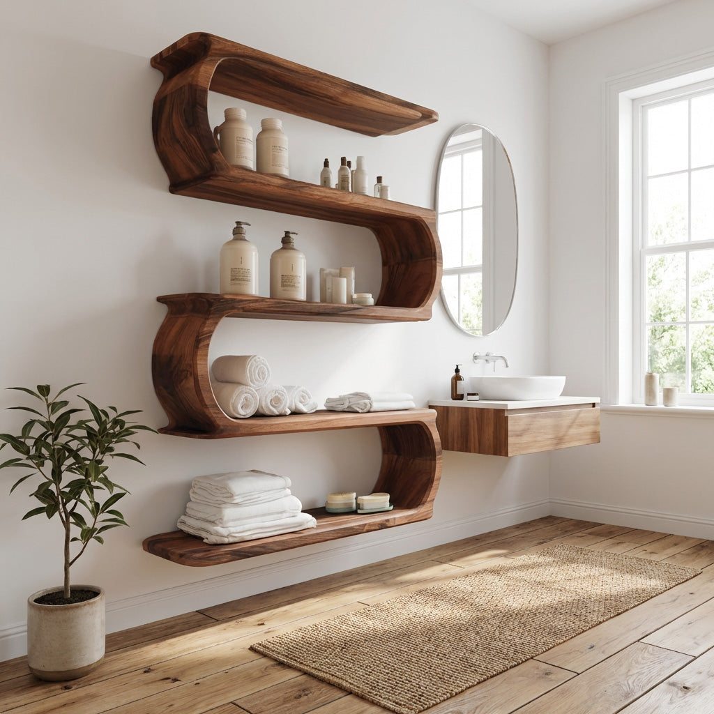 Minimal Natural Wood Floating Bathroom Shelves For Spa Decor