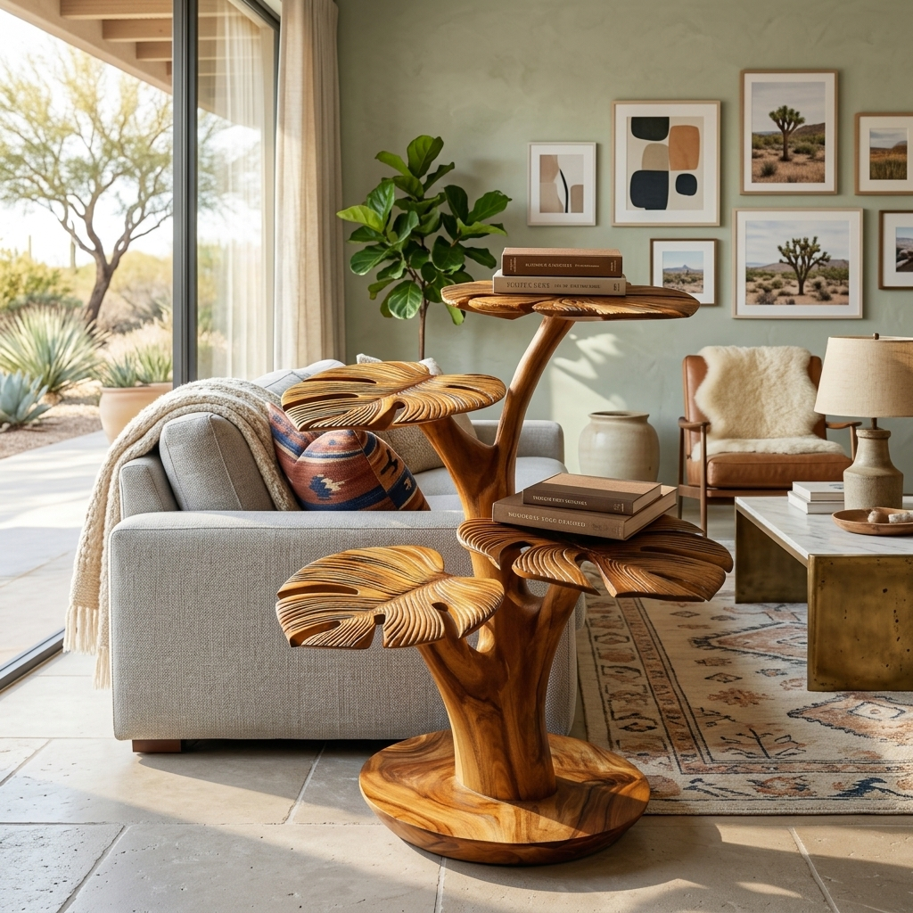 Organic Wooden Side Table With Multi-branched Tabletop For Home