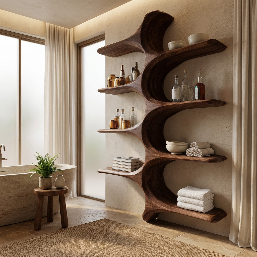 Organic Sculptural Natural Wood Bathroom Shelf For Spa