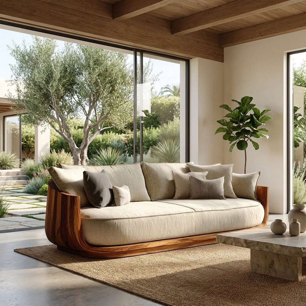 Modern Wooden Sofa With Flowing Rounded Edges For Home