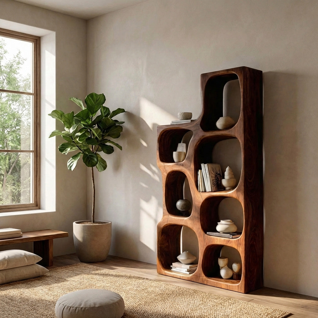 Organic Sculptural Wooden Bookshelf For Modern Living Room