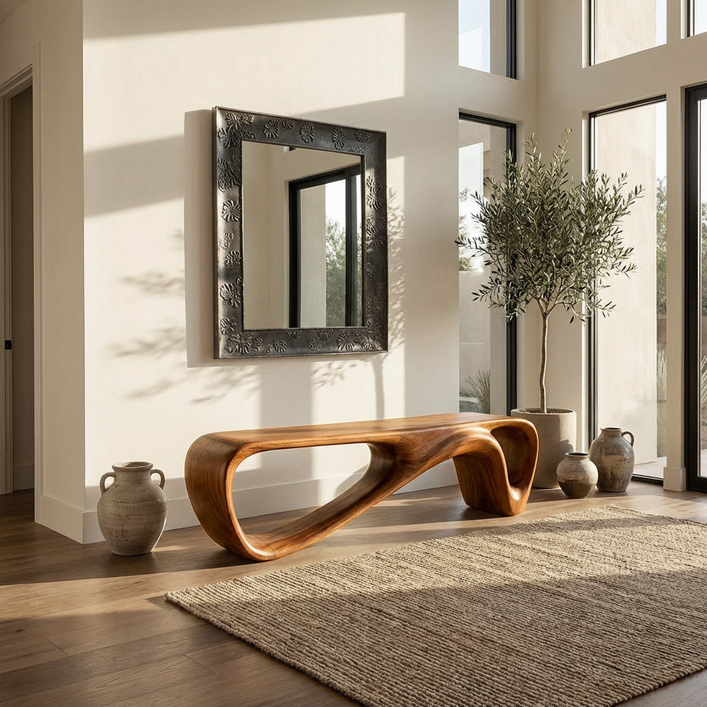 Curved Wooden Bench For Minimalist Living Room Decor