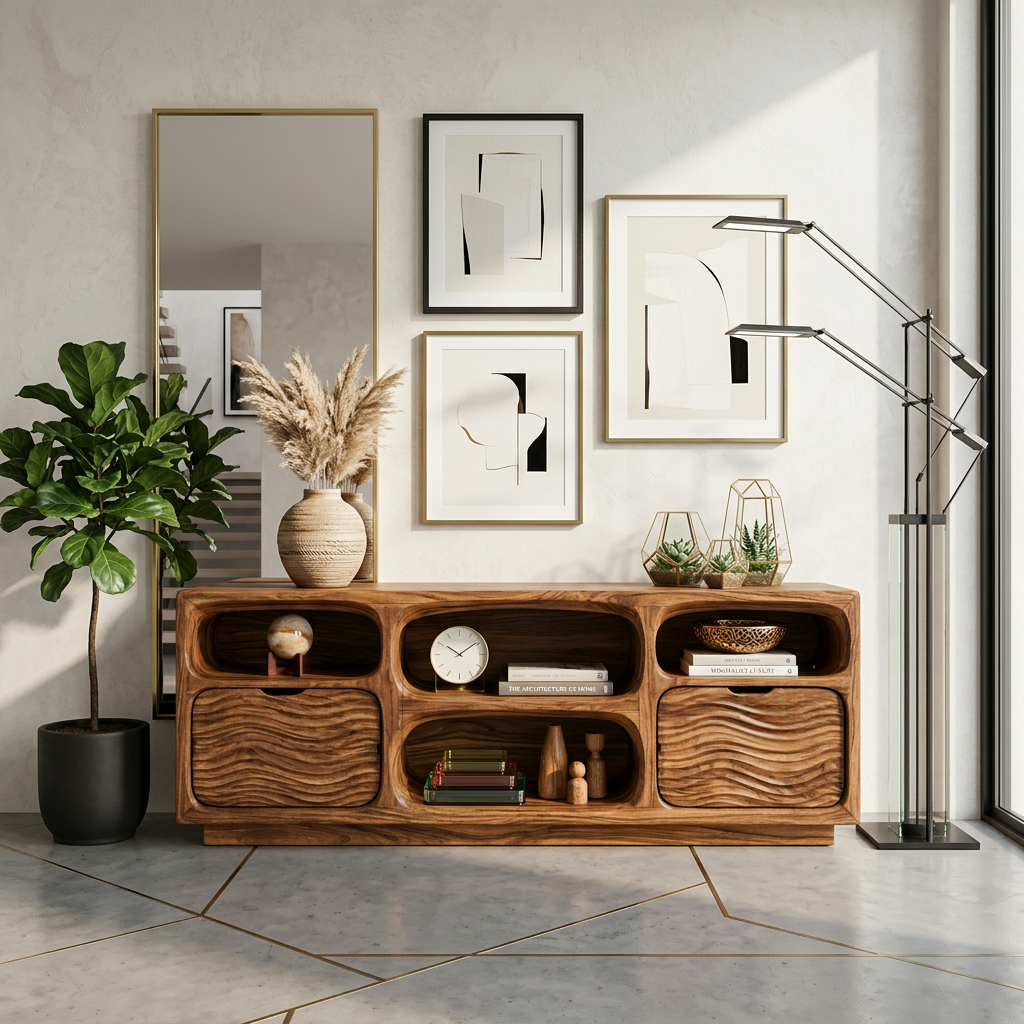 Sculptural Wooden Console Table With Shelves For Modern Living Room