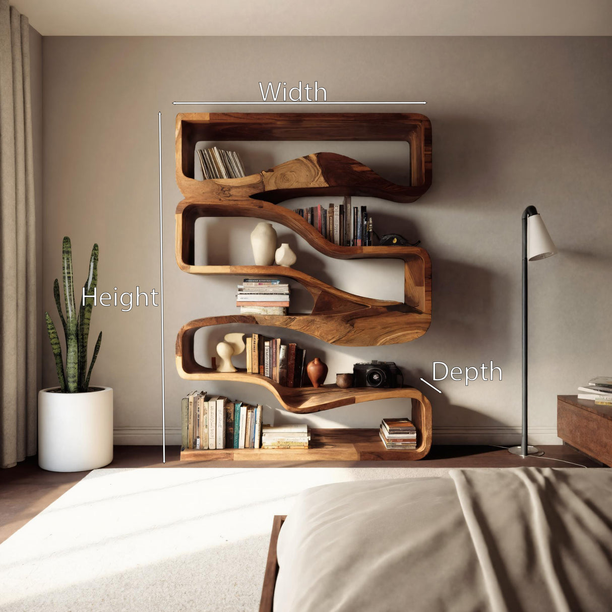 Modern Curved Bookshelf With Flowing Design For Bedroom