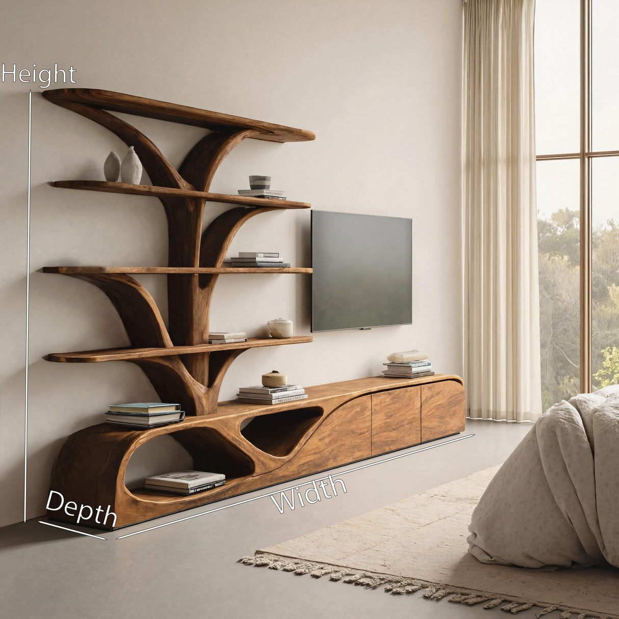 Organic TV Shelf With Tree Shape Bookshelf For Living Room