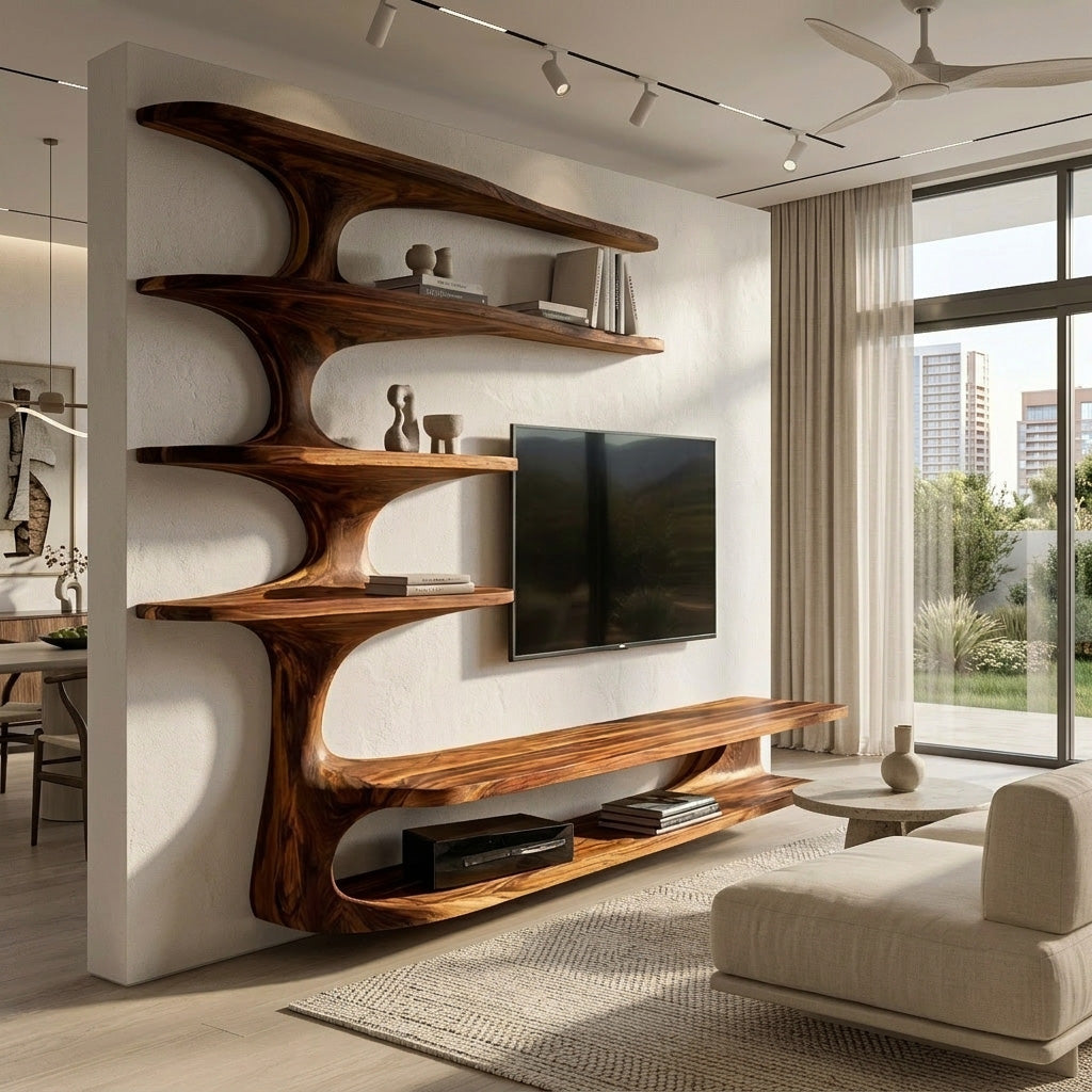 Modern Natural Wood TV Console With Shelving For Living