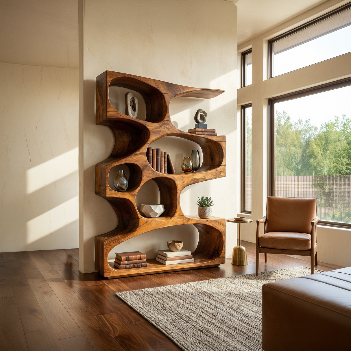 Mid Century Modern Wavy Bookshelf Bedroom Corner Storage