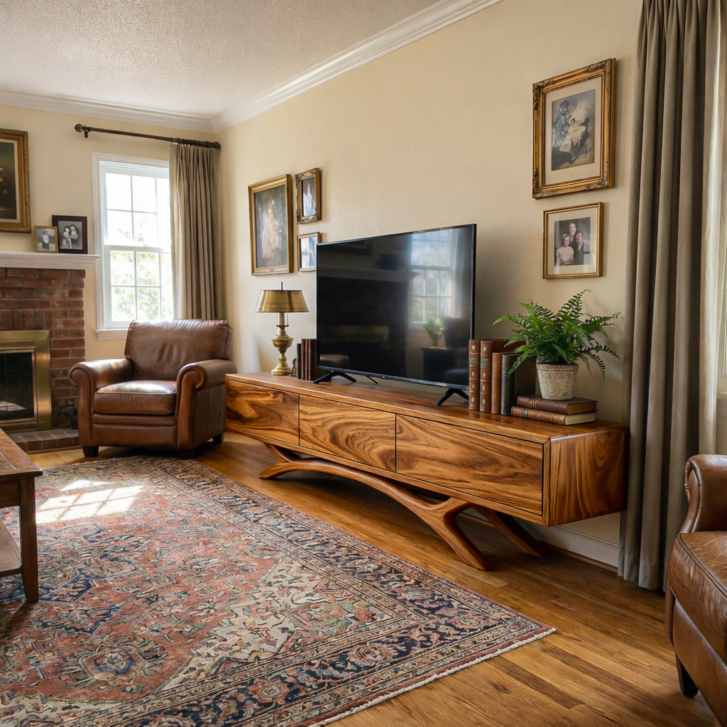 Mid Century Wooden TV Stand With Curved Base For Home