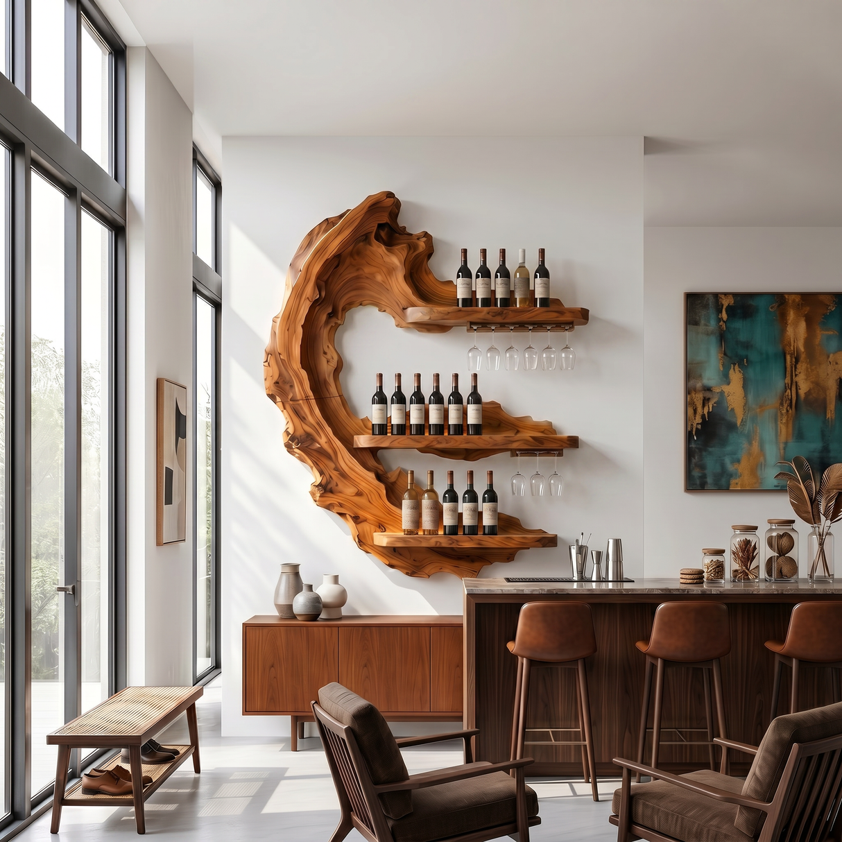 Handcrafted Mid Century Wall Wine Rack For Dining Room