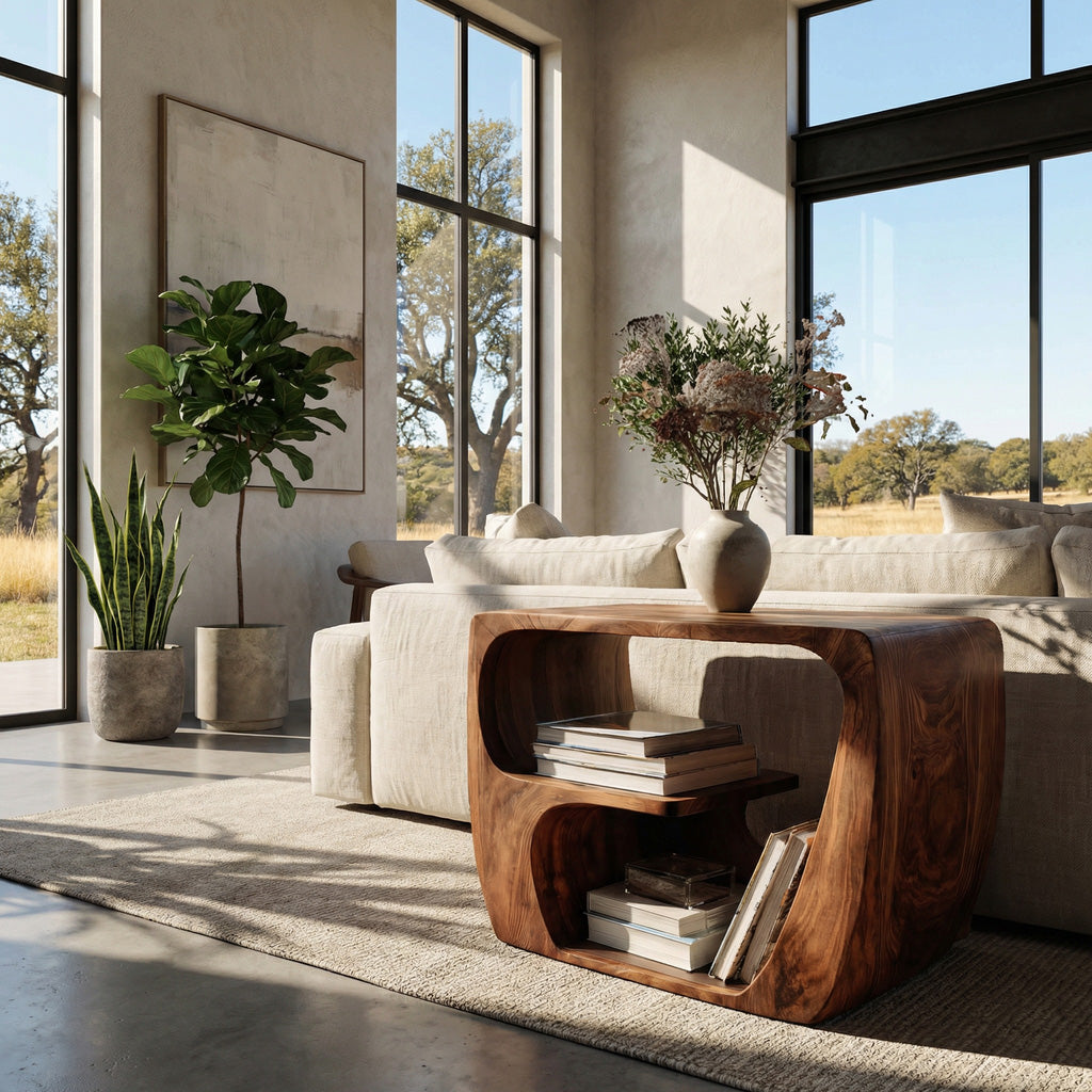 Quiet Luxury Solid Wood Side Table With Curved Design And Open Storage For Living Room