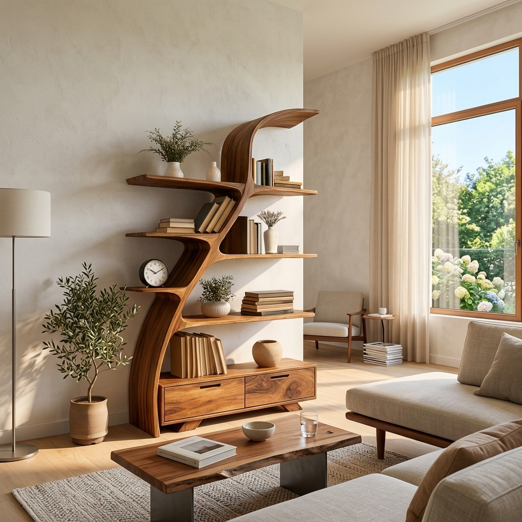 Organic Wooden Bookshelf For Living Area