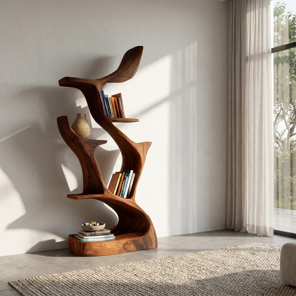 Organic Sculptural Wooden Bookshelf For Living Room