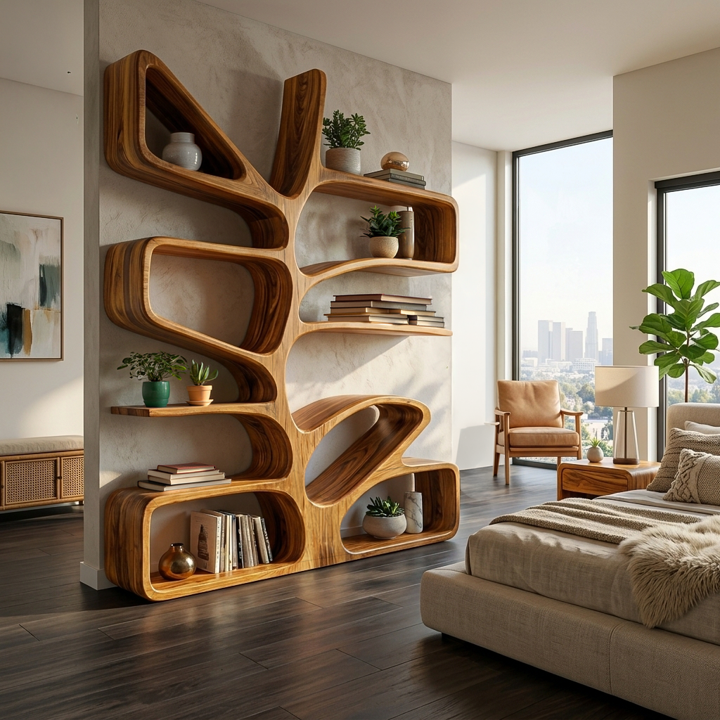 Organic Wooden Bookcase With Sculptural Form For Living Space