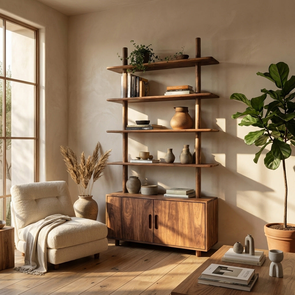 Mid Century Wooden Bookcase With Closed Storage For Living