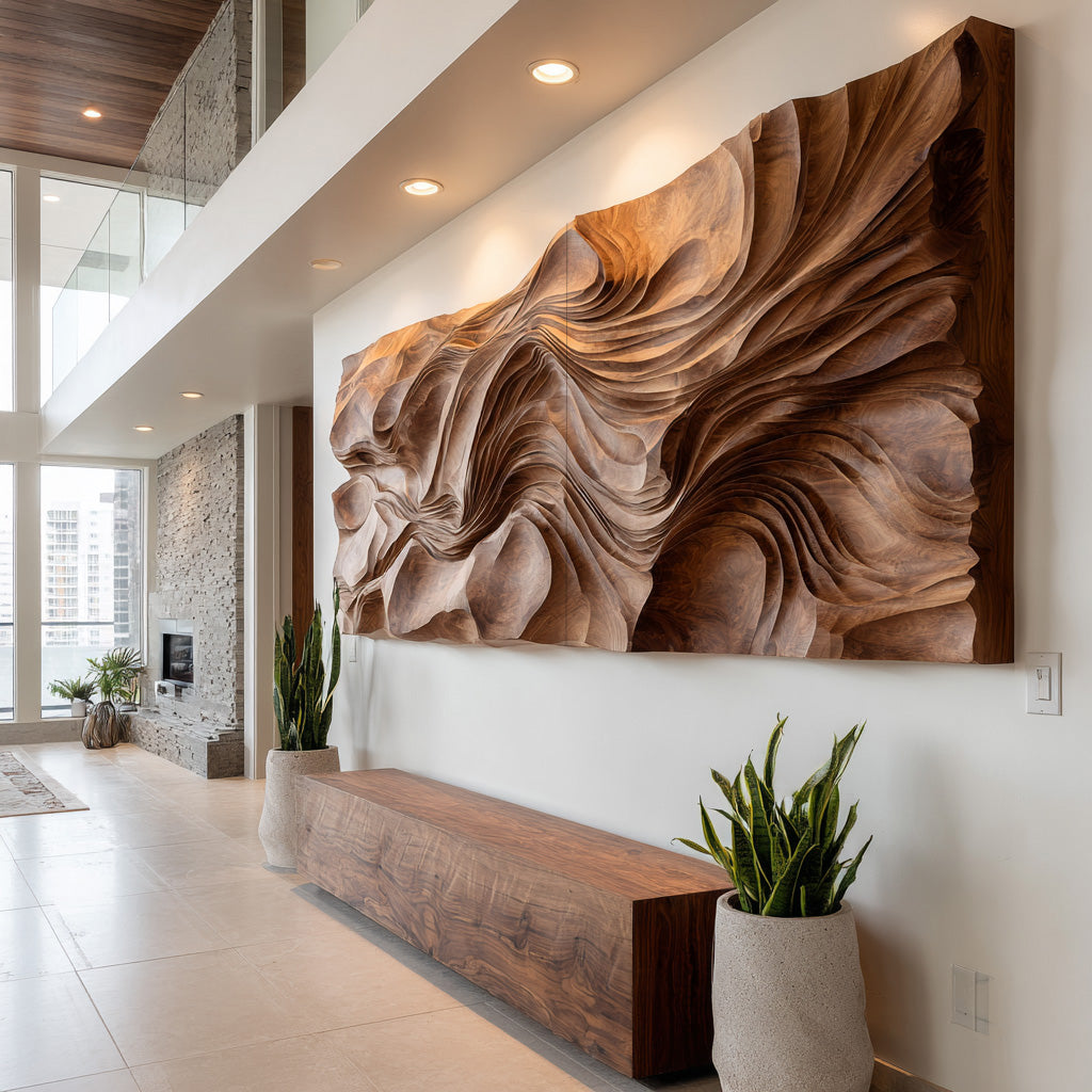 Contemporary Wood Wall Art Wave Carved Design For Wall Deco