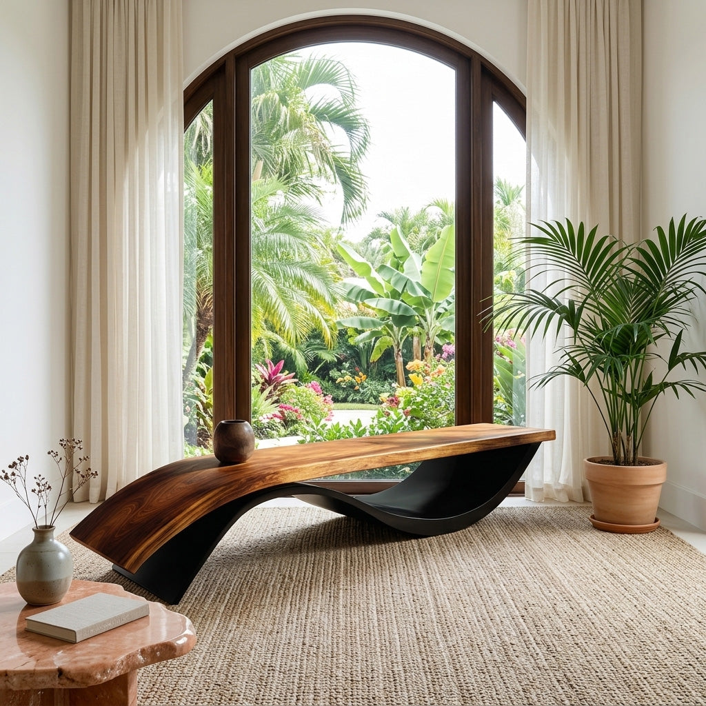 Handcrafted Wooden Bench With Unique Undulating Form For Living Room
