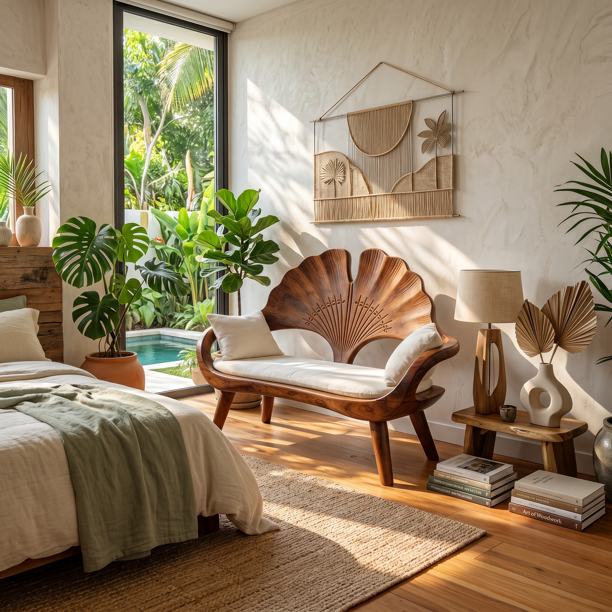 Modern Ginkgo Fan Back Bench For Bedroom Interior Space