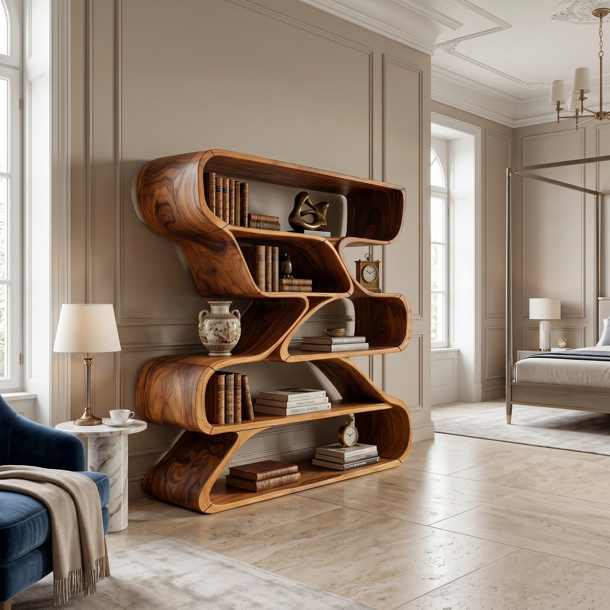 Minimalist Organic Wooden Shelf With Rounded Open Compartments