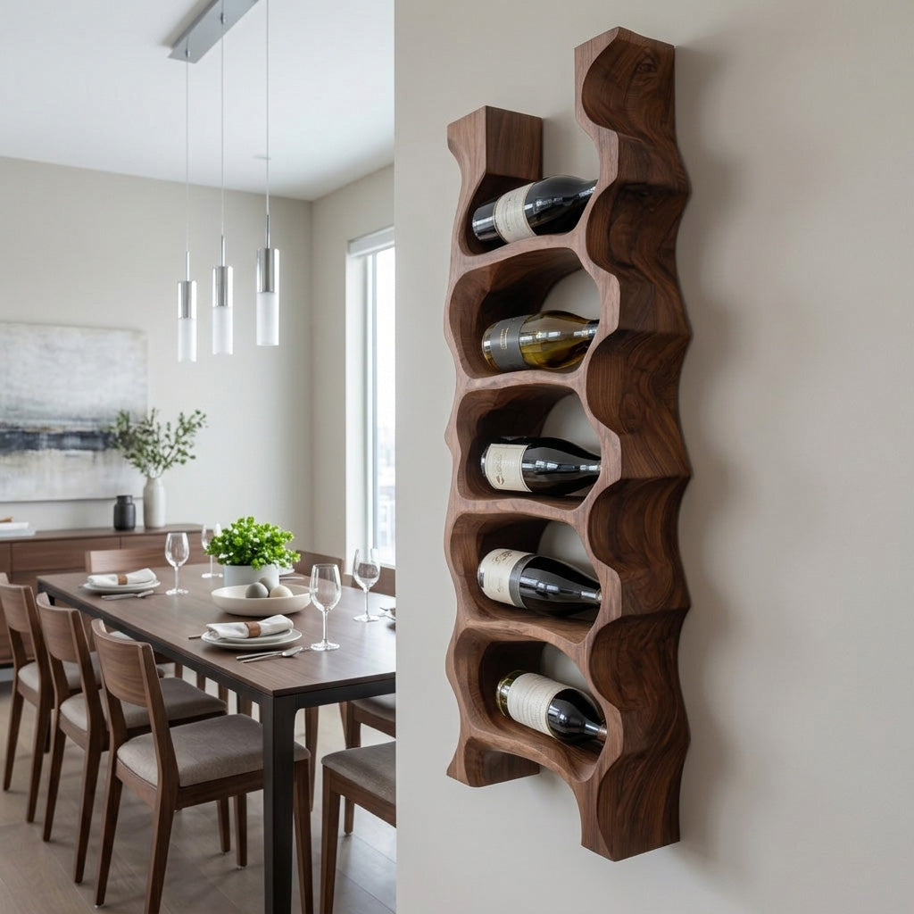 Modern Sculptural Wooden Wine Rack For Kitchen Wall Display