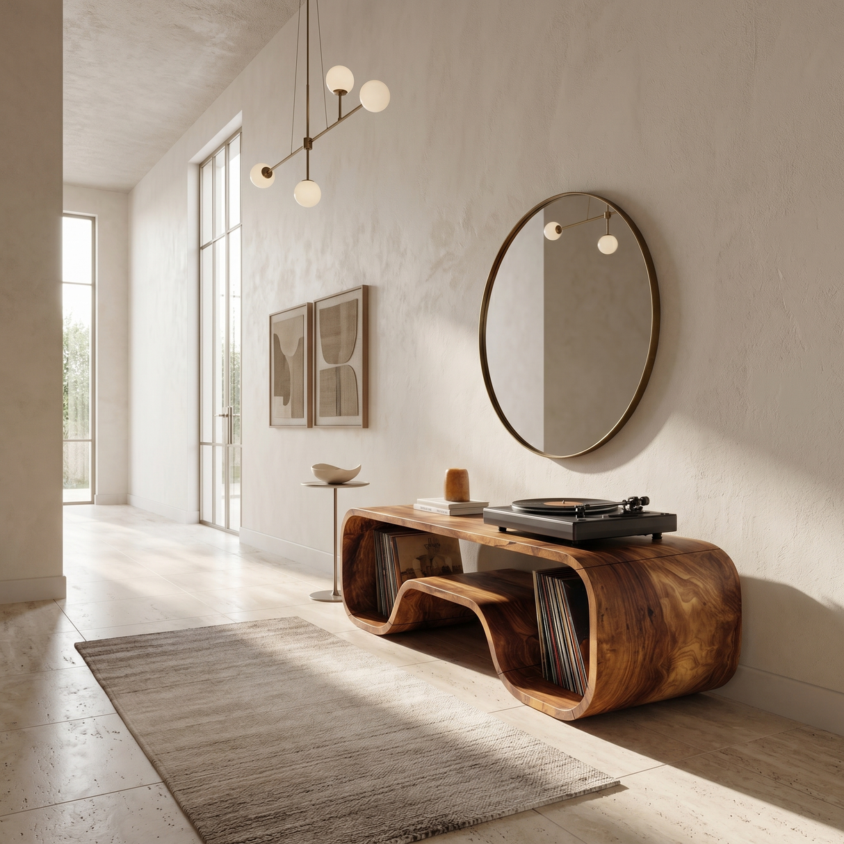 Japandi Curved Record Player Stand Audiophile Room