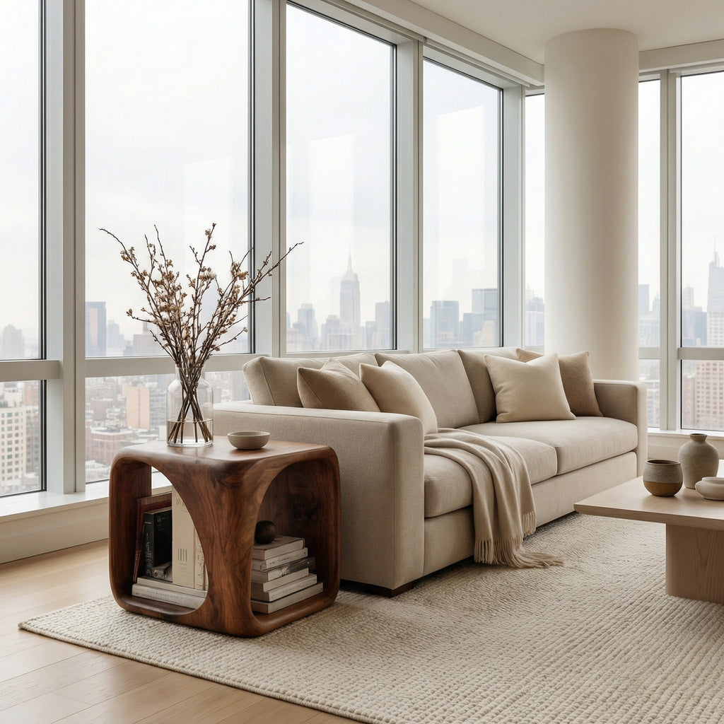 Modern Wooden Side Table With Sculptural Hollow Form For Living Room