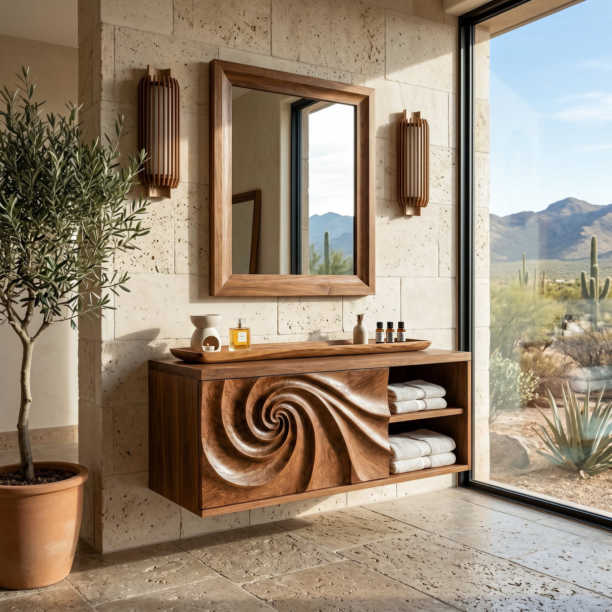 Luxury Floating Bathroom Vanity With Spiral Carved Cabinet For Bathroom