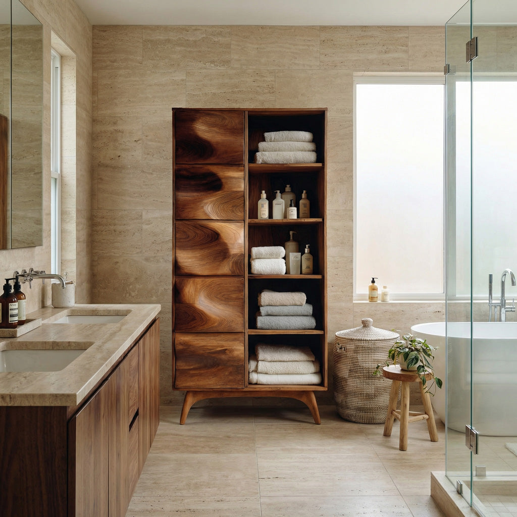 Sculpted Wood Bathroom Cabinet With Wavy Doors For Spa Decor