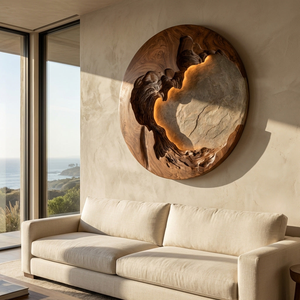 Organic Modern Round Wood Wall Art For Living Room