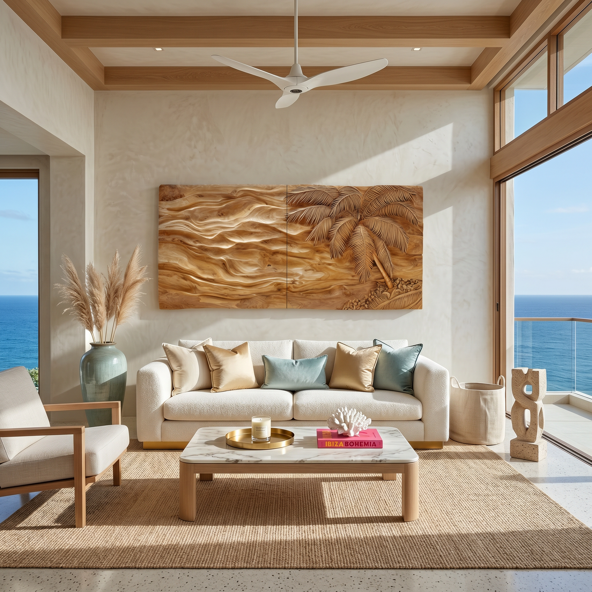 Tropical Modern Palm Wood Wall Art Neutral Living Room Decor
