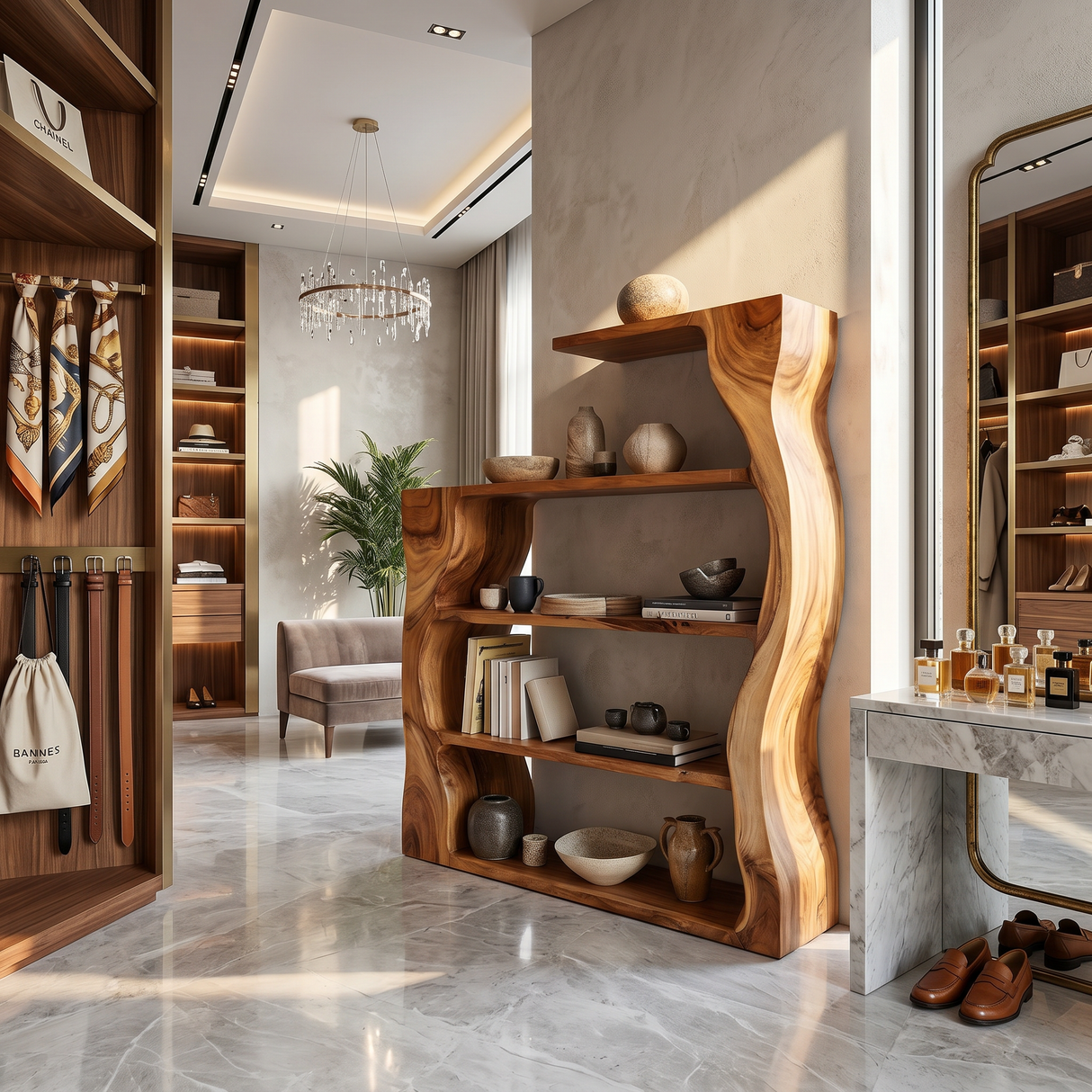 Organic Modern Wooden Bookshelf With Asymmetrical Curved Profile
