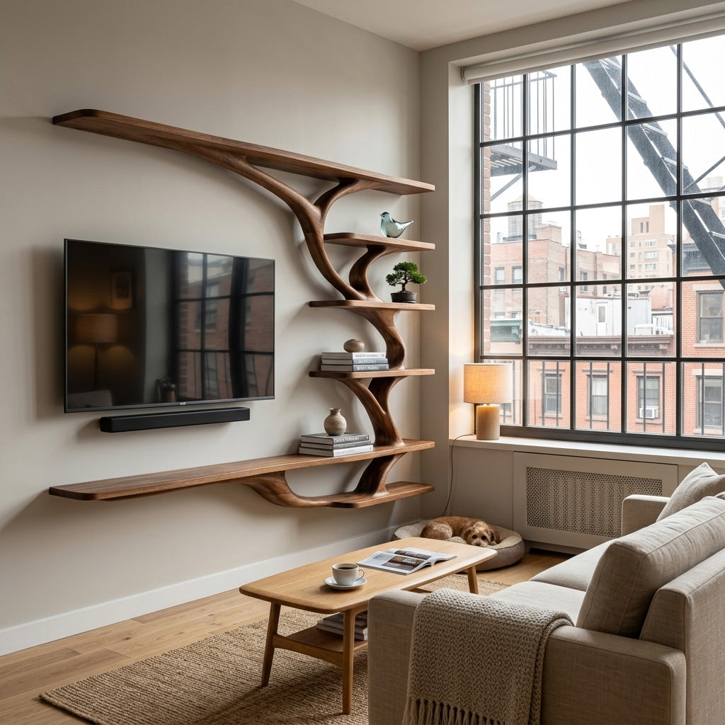 Modern Wood Wall Mounted TV Shelf For Home Style