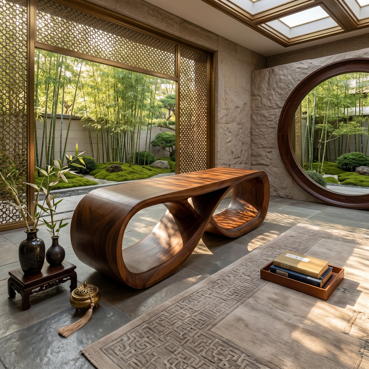 Curved Wooden Bench Contemporary Residence