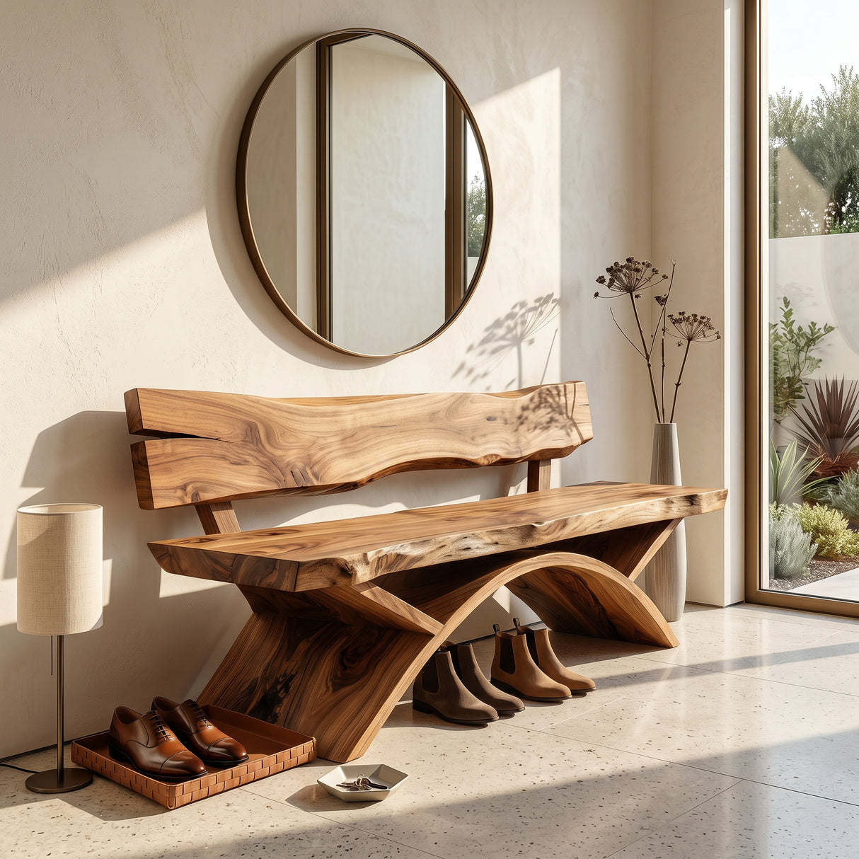 Organic Live Edge Bench With Sculptural Base For Entryway