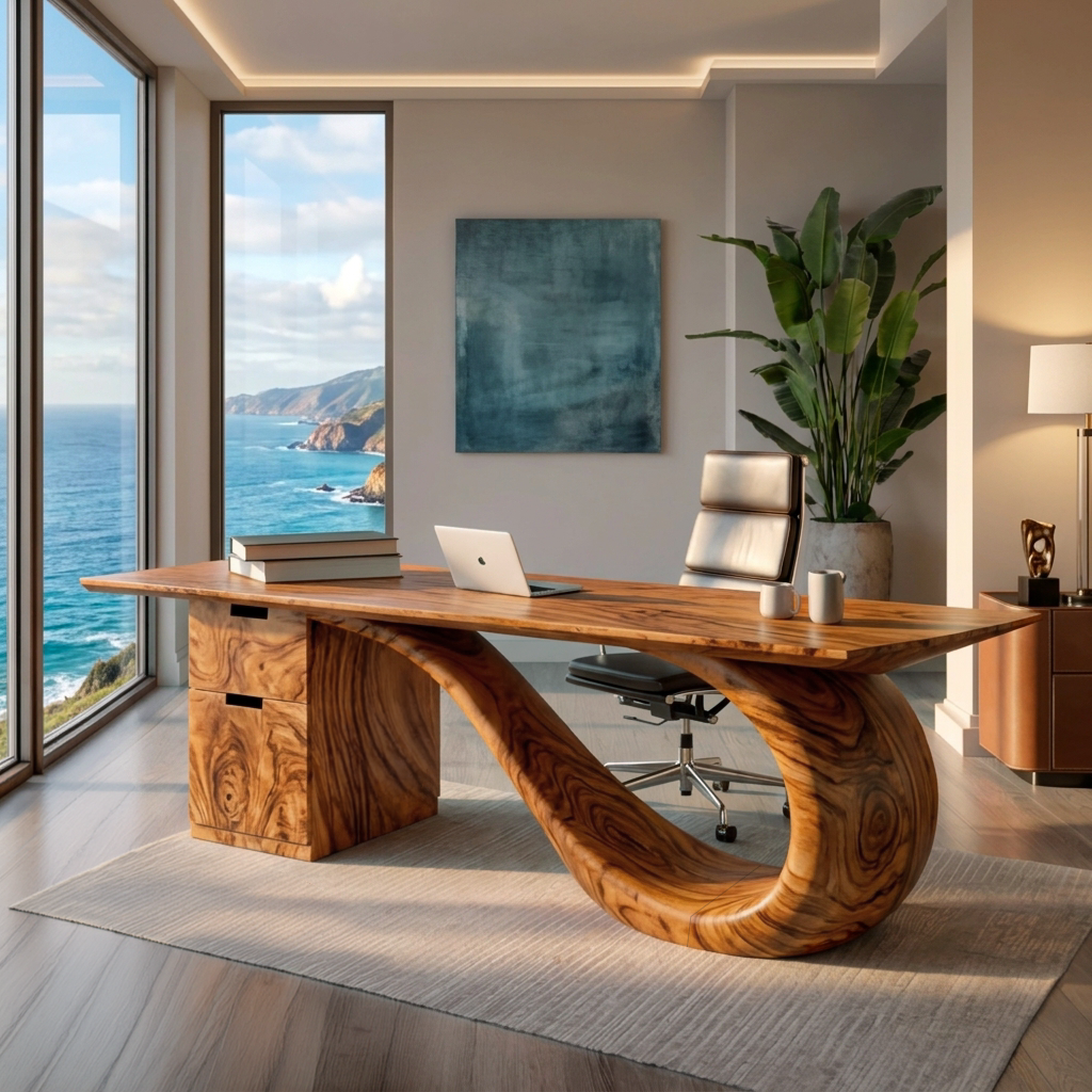 Modern Wooden Desk With Curved Base For Office