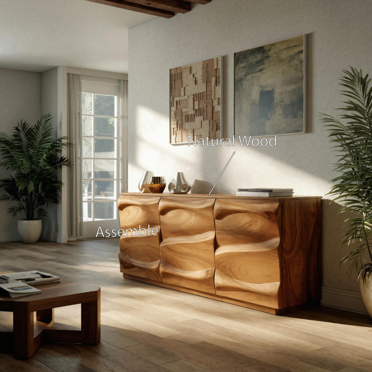 Handcrafted Sideboard With Sculptural Wave For Living Room