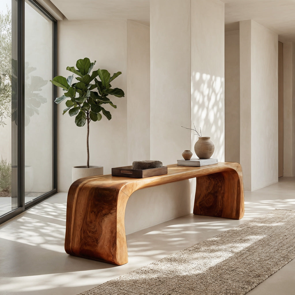 Contemporary Wood Curved Bench For Entryway Or Living Room