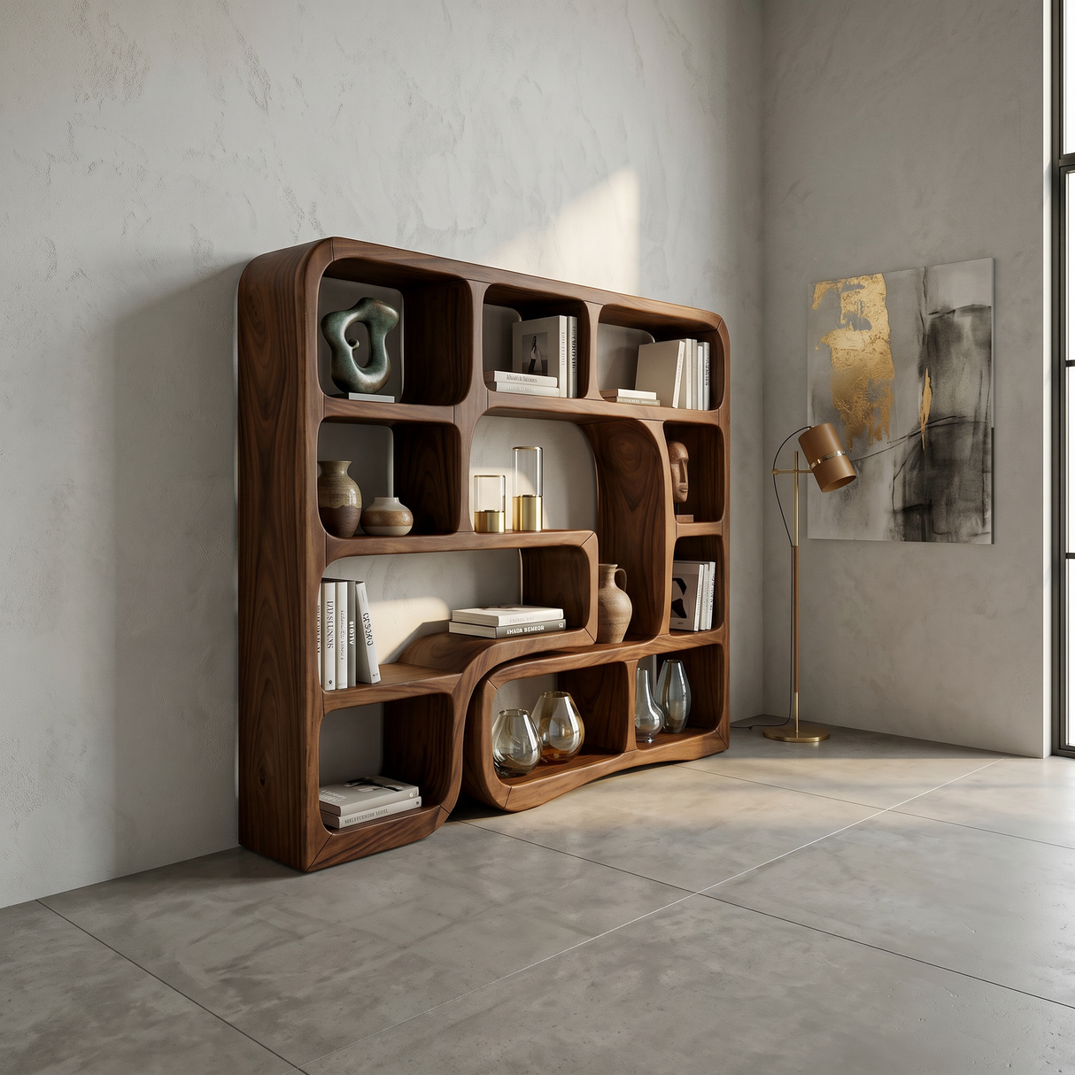 Luxury Wooden Bookcase With Organic Wave Design